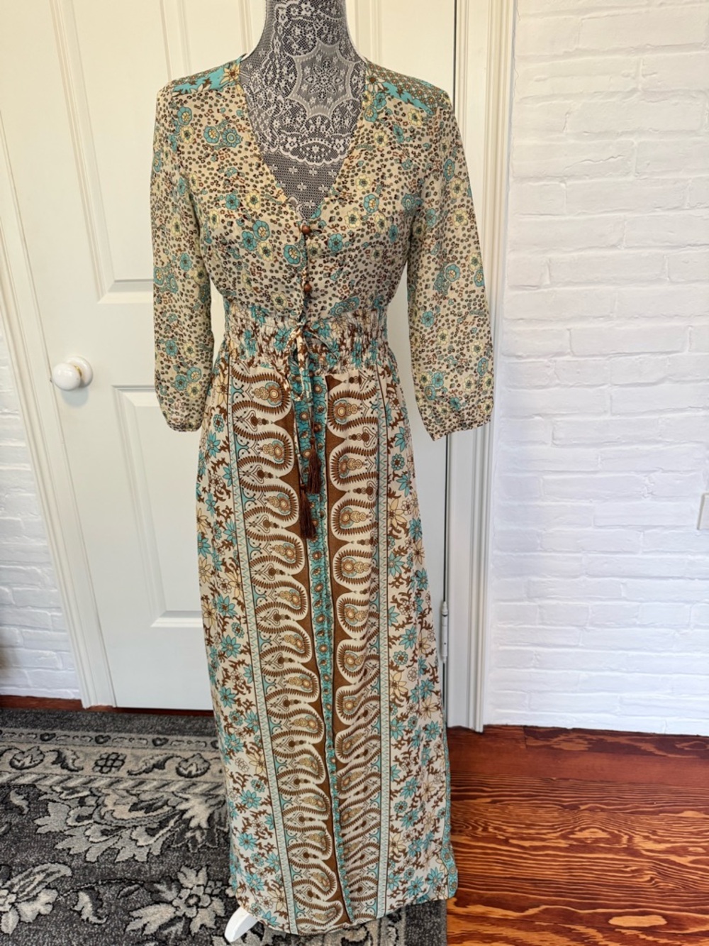 Maxi Kimono / Dress with Buttons Teal and Brown Size S Boho Festival Country